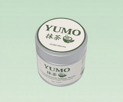 YUMO matcha container on a light green background